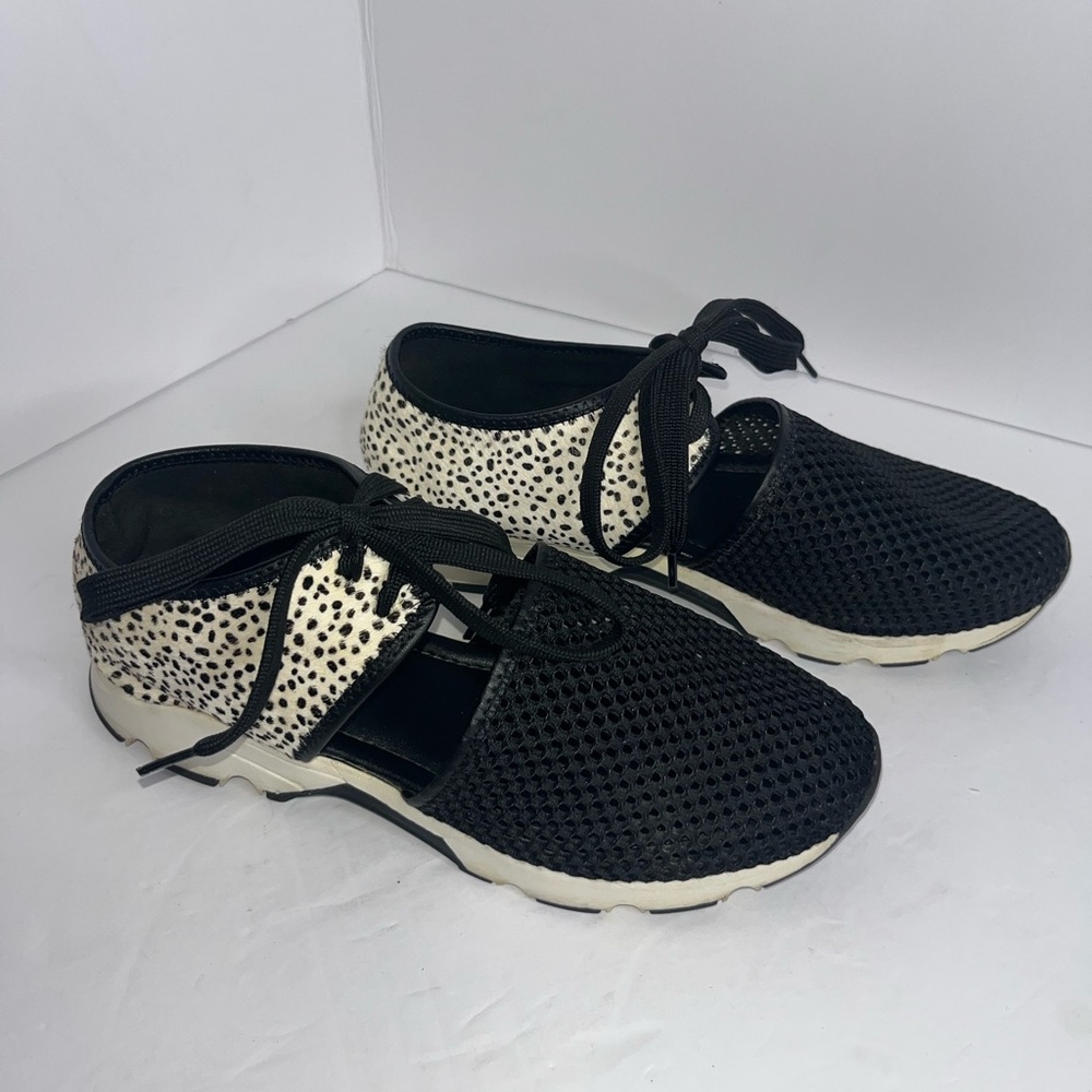 Black and White Mesh Slip-On Sneakers with Animal Print